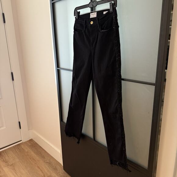 Frame Denim Le High Rise Straight Size 26 Black Noir Coated Tuxedo Stripe Jeans - Picture 4 of 11
